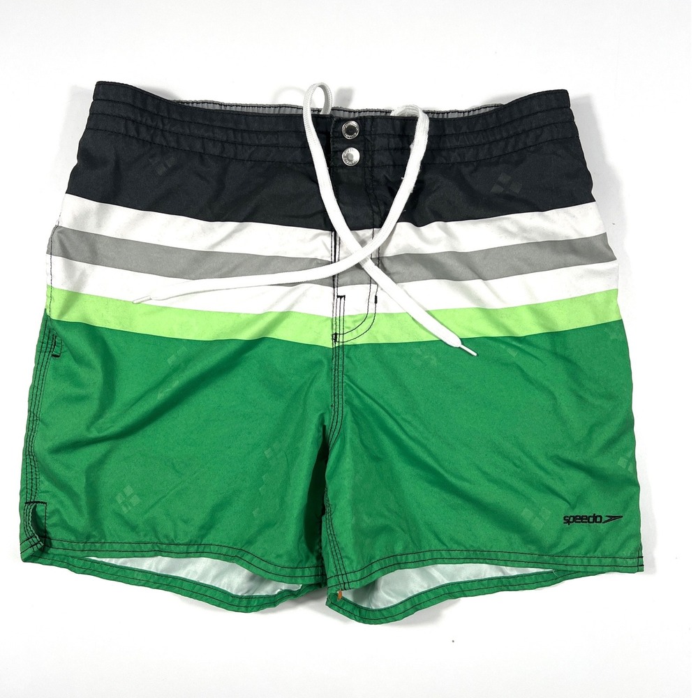 Speedo Swim Trunks Green Black Striped Medium Mesh‎ Lining GUC Beach Summer Pool